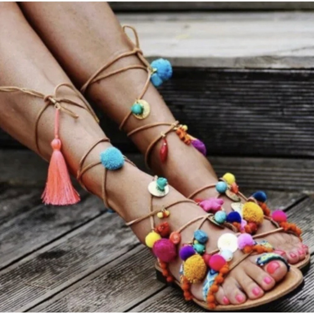 Elina Linardaki Gladiator Penny Lane Sandals sz 41 US 10 Pom Pom Colorful Greece